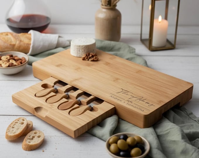Personalized Bamboo Cheese Board Set with Drawer and Utensils - Custom Engraved Charcuterie Board - Wedding, Housewarming Gift