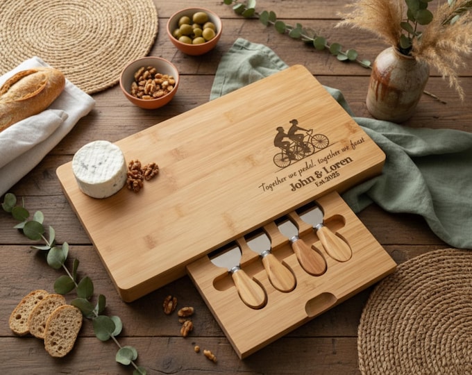 Personalized Biking Couple Bamboo Charcuterie Board Set