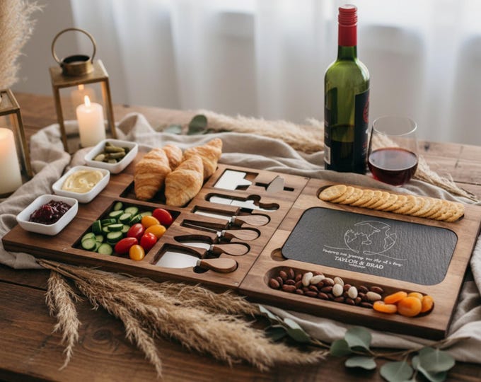 Personalized Charcuterie Set - Custom Engraved Cutting Board: Travel Themed, World Map, Kitchen Decor, Adventure Awaits, Travelers Gift