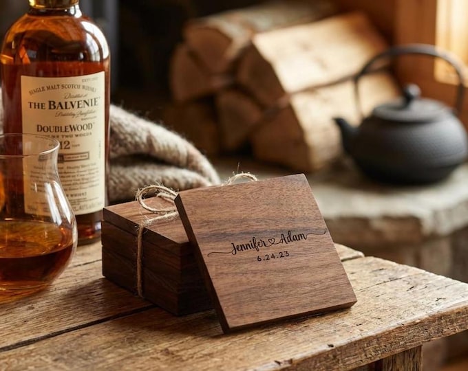 Personalized Walnut Coasters | Custom Wood Coaster Set of 4 & Rustic 5th Anniversary Gift
