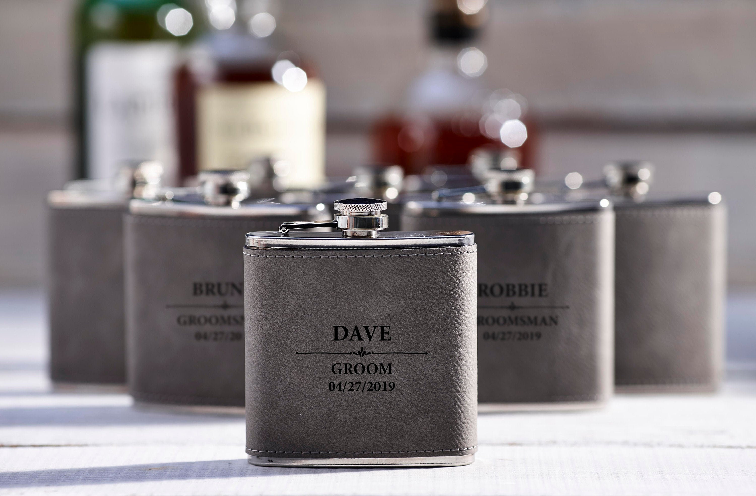 Personalized Set Of 5 Flasks, Groomsmen Wedding Gift, Best Man Leather Flasks, Customized