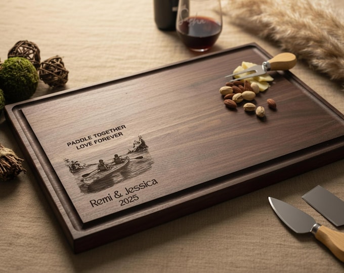 Personalized Cutting Board – Kayaking Couple: Custom Engraved Charcuterie Board, Ideal Gift for Canoeing Lovers – Engagement, and Wedding