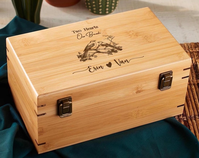 Personalized wooden gift box, Engraved Trinket Box For the couple, Customized Rustic Keepsake Memory Box, Wedding Gift for Bird Lovers