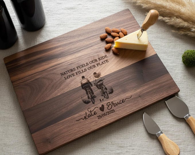 Personalized Cutting Board – Biking Couple: Custom Engraved Charcuterie Board, Adventure Family, Anniversary, Wedding, Bike Enthusiasts Gift