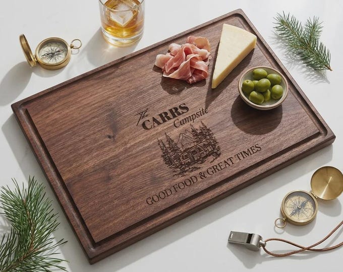 Personalized Wooden Camping Cutting Board, Custom Engraved RV Campsite Gift