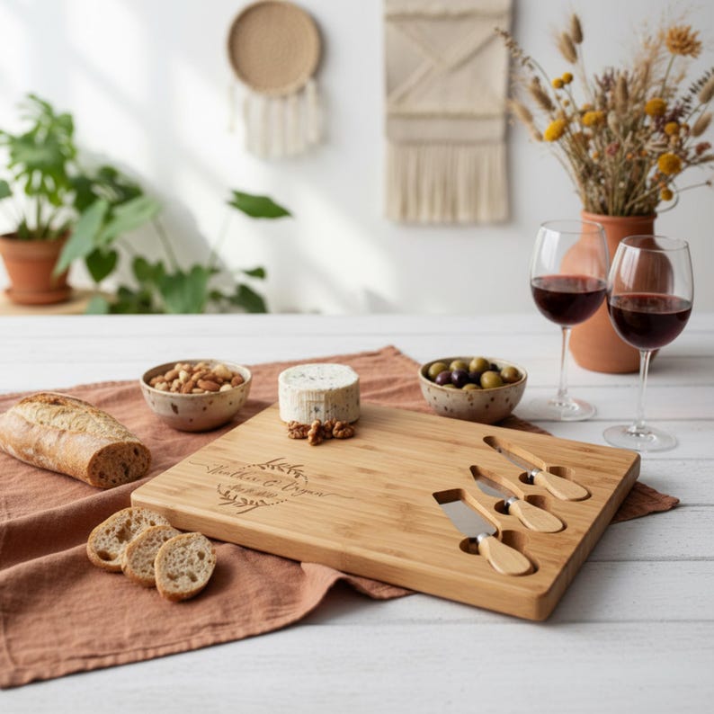 Personalized Bamboo Cheese Board Set, Custom Engraved Charcuterie Platter, Wedding gift image 12