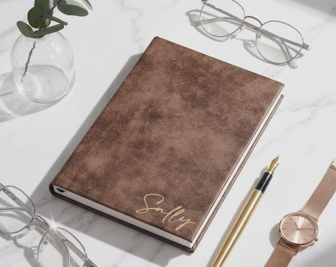 Personalized Vegan Leather Journal, Custom Engraved Brown Lined Notebook for Her