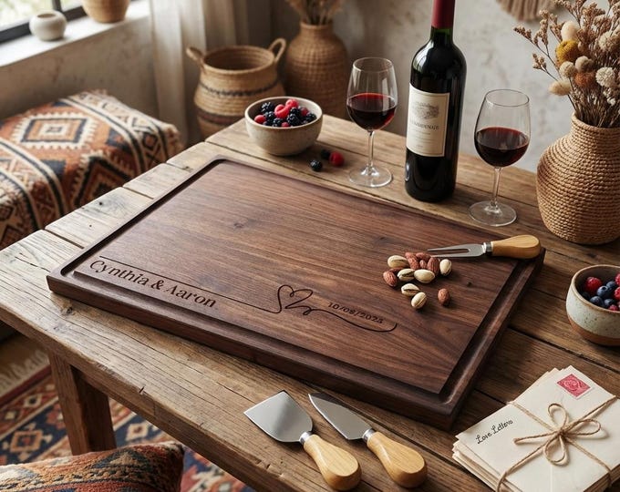 Personalized Cutting Board | Custom Wooden Charcuterie Board with Heart Design & Romantic Wedding Gift for Couple