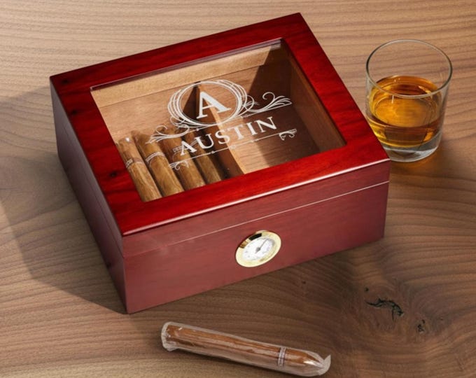 Personalized Cigar Humidor, Engraved Glass Top Cigar Box, Custom Humidor Gift Set, Monogramed Cigar Humidor, Cigar Holder Box, Cigar Kit