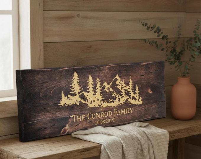 Personalized Family Name Sign Mountain Pine Tree Theme | Custom Engraved Wood Wall Art | Rustic Farmhouse Cabin Decor | Housewarming  Gift