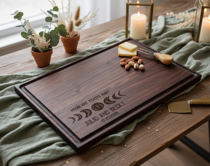 Personalized cutting board, Celestial: Custom Engraved Charcuterie Board, Lunar, Moon Phases, Gift for the Couple, Housewarming Gift