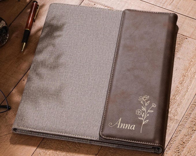 Personalized Leather Portfolio - Custom Engraved Notepad: Floral Theme, Professionals, Graduation, Boss, Teacher, Coworker, Business Gift
