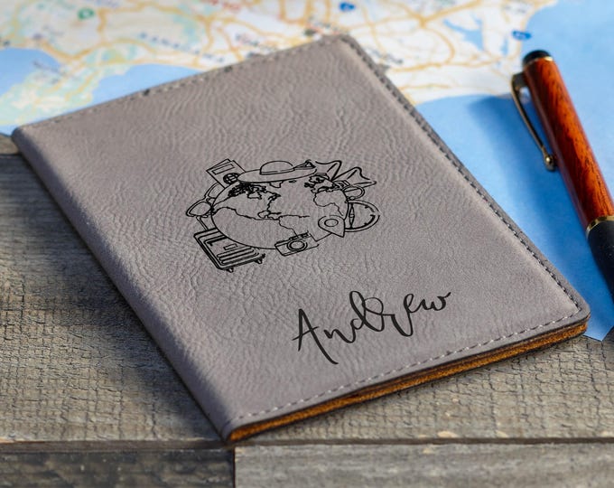 Personalized passport cover – Global Explorer: Custom Engraved Vegan Leather Passport Holder with Globe and traveller Essentials
