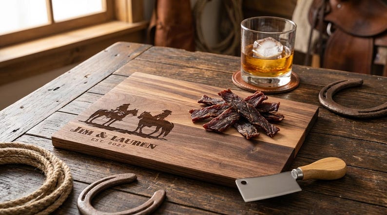 Planche à découper personnalisée - Cowboy et cow-girl avec cheval : charcuterie gravée personnalisée, décoration de cuisine occidentale, cadeau pour elle et lui image 7