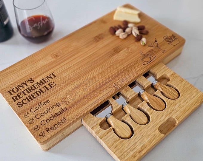 Personalized Charcuterie Board – Retirement Fun Quote: Custom Engraved Cheese Board, Gift for Retirees Who Love Coffee, Cooking, & Cocktails