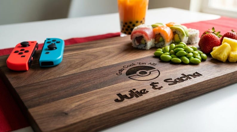 Personalized cutting board – Pokémon: Custom Engraved "Gotta Cook 'Em All!" in Pokémon Font with Couple Names & Date, Unique Gamer Gift zdjęcie 5
