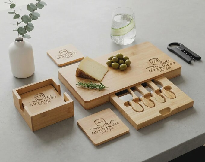 Personalized Bamboo Charcuterie Board with Knife Set, Custom Engraved Wedding Gift, Optional Coaster Set