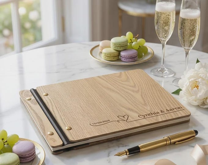 Personalized Wood Wedding Guest Book, Custom Engraved Signature Album for Couples