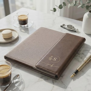 Portfolio personnalisé en cuir végétalien avec bloc-notes, porte-documents gravé personnalisé, cadeau exécutif