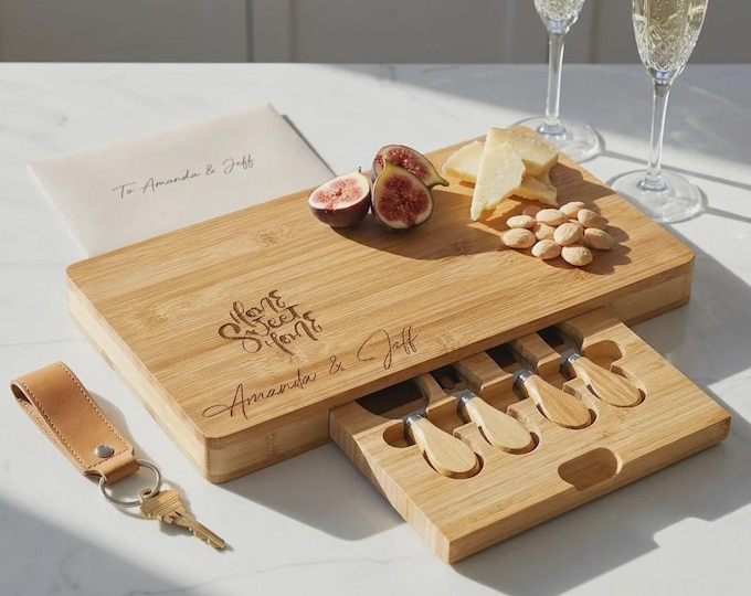 Personalized Bamboo Charcuterie Board with Knife Set, Custom Engraved Realtor Closing Gift, Home Sweet Home