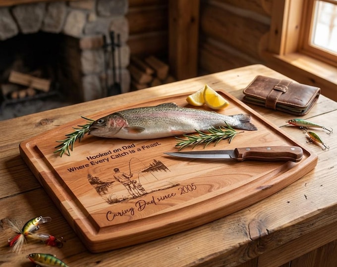 Personalized Fishing Gift for Dad | "Hooked on Dad" Cutting Board & Father Son Charcuterie Platter