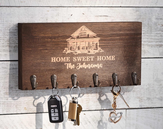 Personalized Key Hanger – Home Sweet Home: Custom Engraved Wall Key Holder for Rustic Home Decor, Housewarming, Family, and Realtor Gift