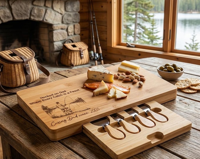 Personalized Fishing Gift for Father | "Hooked on Dad" Bamboo Charcuterie Board Set, Gift From Son