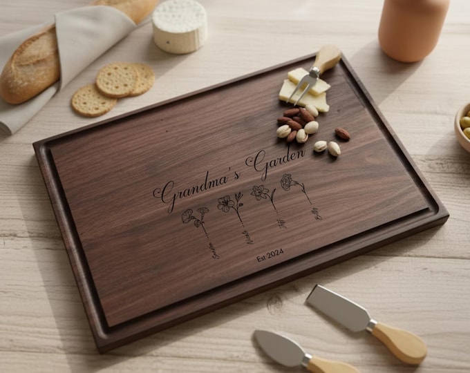 Personalized Cutting Board, Birth Flowers: Custom Engraved Charcuterie Board, Grandma Gift, Gift for Her, Moms Gift, Grandmas Garden