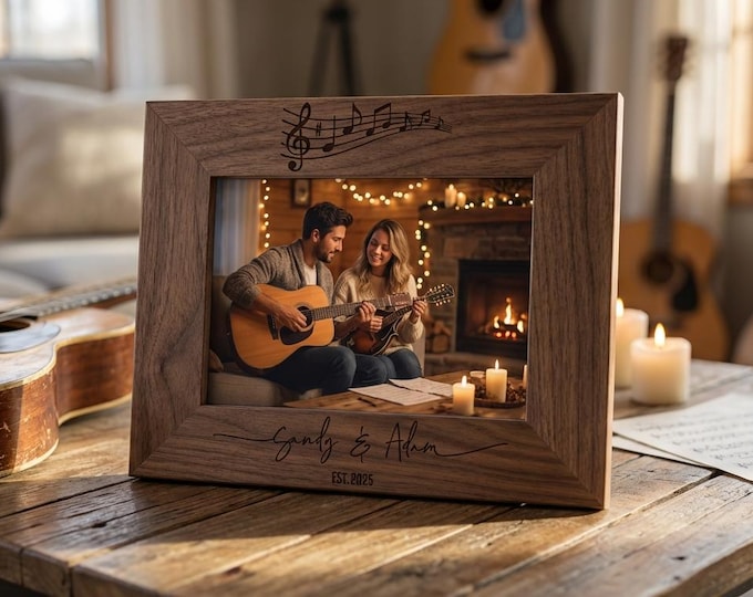 Personalized Music Note Picture Frame, Custom Wooden Photo Frame, Musician Gift, Couples Keepsake, Wedding Gift for Music Lovers