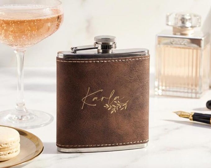 Personalized Faux Leather Flask | Bridesmaid Proposal Gift, Custom Hip Flask