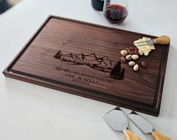 Personalized Charcuterie Board – Mountain Scene Couple: Custom Cutting Board | Outdoors, Hiking, Forest, Nature Lovers, Anniversary Gifts