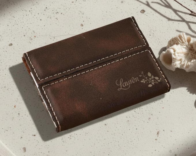 Personalized Faux Leather Business Card Holder: Engraved Floral Design