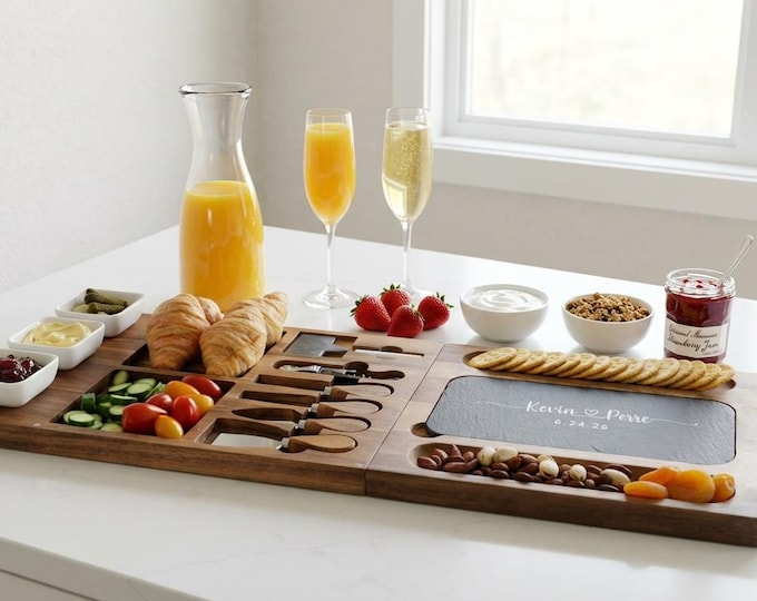 Wedding Gift for Couple | Personalized Charcuterie Board Set & Engraved Slate Cheese Platter with Bowls