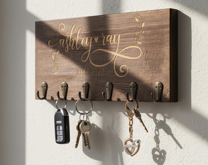 Personalized  Key hanger, Custom Key hook, Engraved key holder for wall, Mask hanger, Housewarming gift, Gift for the couple