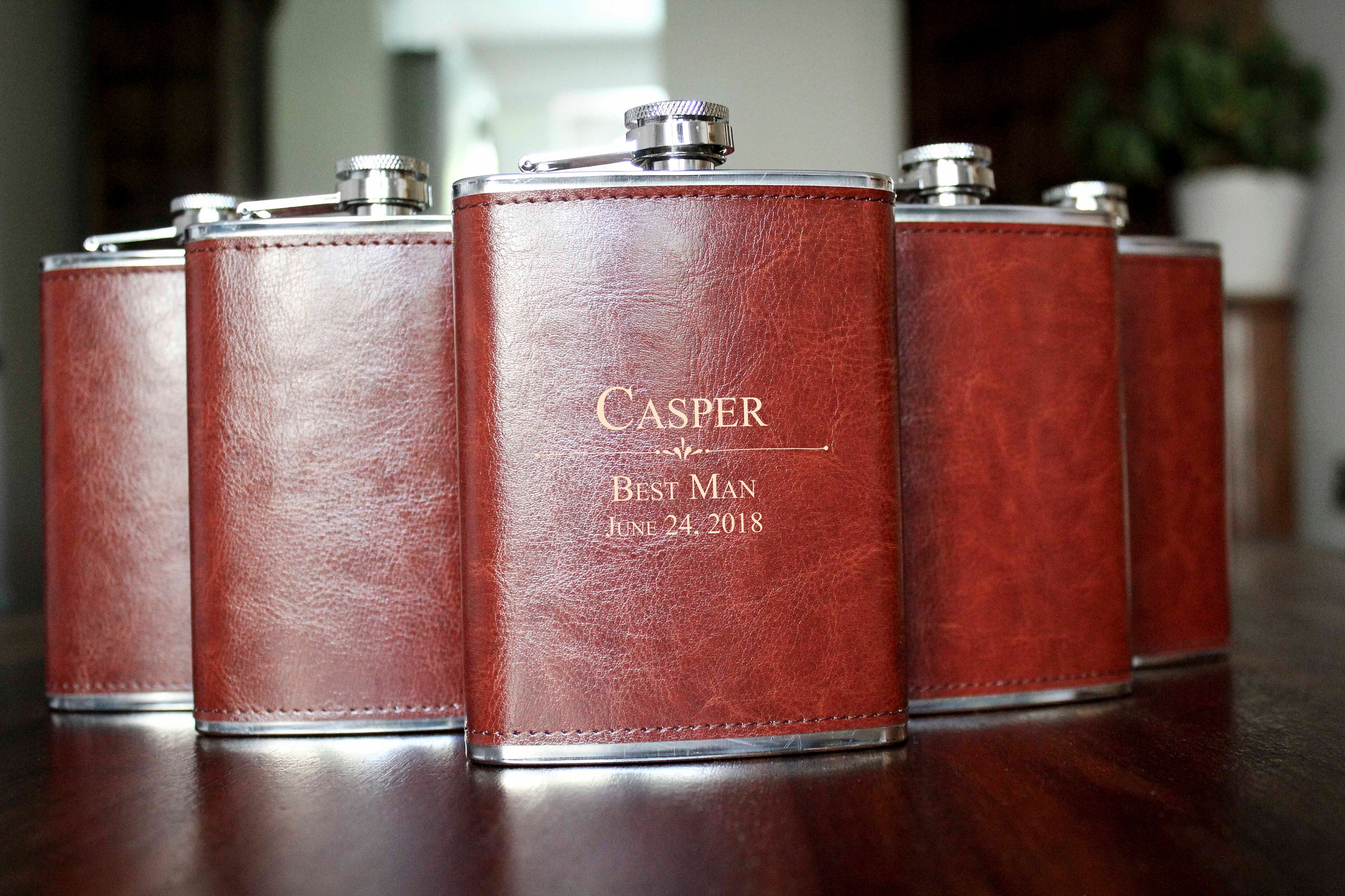 Personalized Set Of 6 Flasks, Groomsmen Wedding Gift, Best Man Leather Flasks, Customized