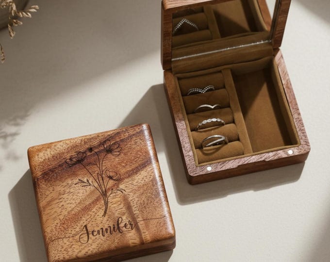 Personalized Travel Jewelry Box - Flowers: Custom Engraved Wooden Jewelry Organizer, Gift for Bridesmaids, Grandmas, Mother’s Day