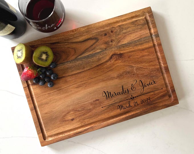 Personalized cutting board – Acacia Artisan: Laser Engraved with Juice Groove, Perfect Wedding & Couples Gift