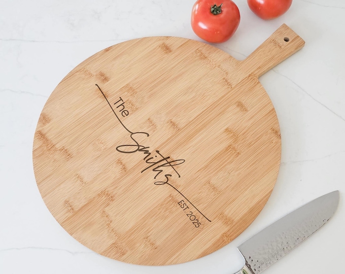Personalized Pizza Board: Custom-Engraved Bamboo Pizza Peel | Housewarming, Wedding, Kitchen Decor, Hosting, Engagement, Couple Unique Gift