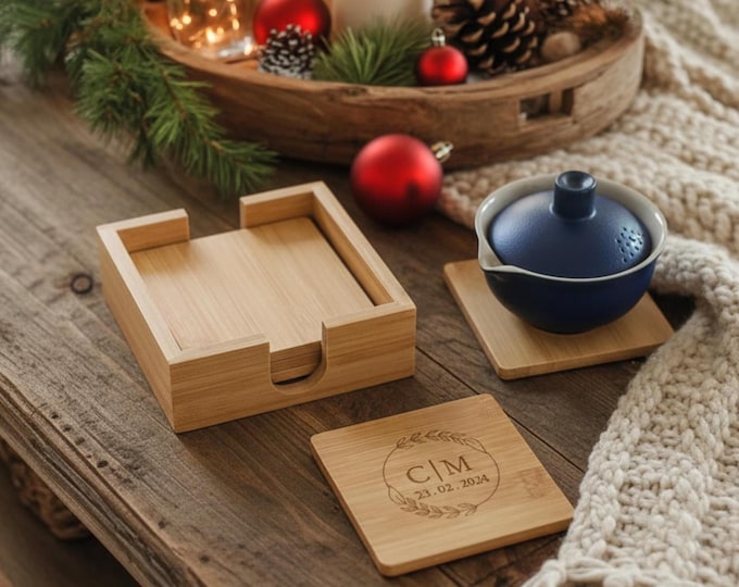 Personalized Eco Bamboo Coaster Set – Custom Laser Engraved 5-Piece Gift for Couples, Housewarming, Anniversary & Christmas