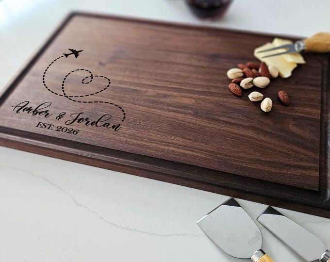 Personalized Charcuterie Board – Traveling Couple: Custom Cutting Board | Airplane Design, World Explorer, Travel, Destination Wedding Gift