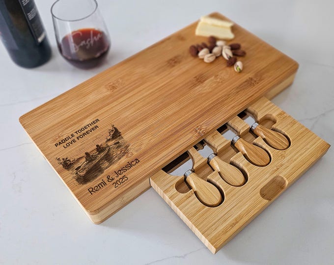 Personalized Charcuterie Board – Kayaking Couple: Custom Engraved Cheese Board | Canoeing Lovers, Engagement, Wedding, Anniversary Gift