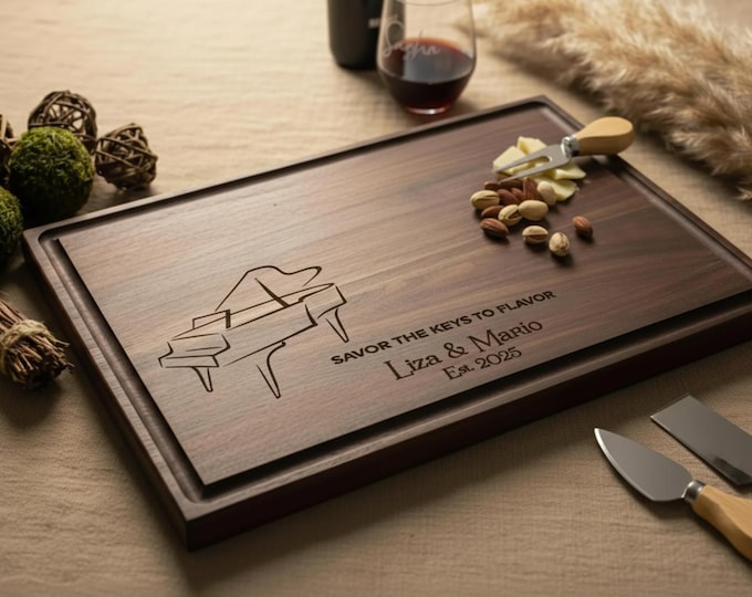 Personalized Cutting Board – Piano Couple: Custom Engraved Charcuterie Board | Couples Who Love Music & Pianos - Wedding or Anniversary Gift