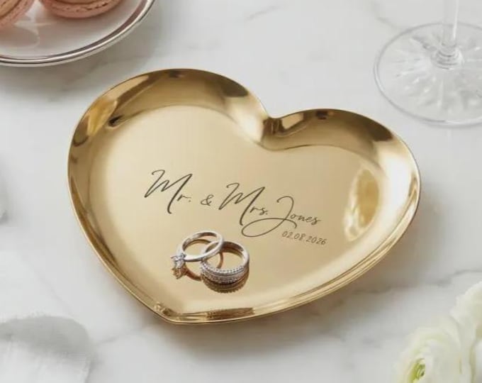 Personalized Gold Heart Ring Dish - Engraved Mr and Mrs Stainless Steel Jewelry Tray