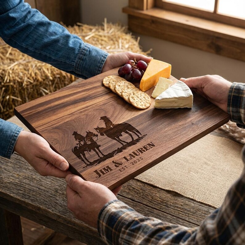 Planche à découper personnalisée - Cowboy et cow-girl avec cheval : charcuterie gravée personnalisée, décoration de cuisine occidentale, cadeau pour elle et lui image 12