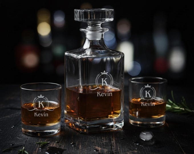 Personalized Engraved Whiskey Decanter Set - Custom Monogram Scotch Decanter & Glasses, Groomsmen, Housewarming, Anniversary Gift