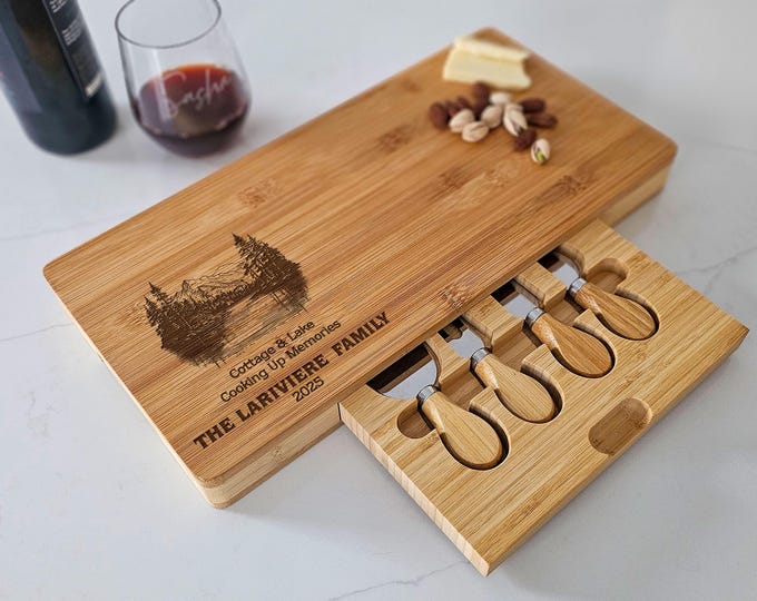 Personalized Charcuterie Board – Family Cottage & Lake: Custom Engraved Cheese Board | Anniversary, Mountain, Nature Lovers, Hosting Gift