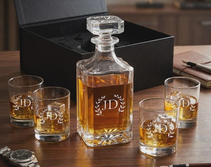 Personalized Whiskey Decanter Set with 4 Glasses, Custom Etched 5 Piece Barware in Gift Box