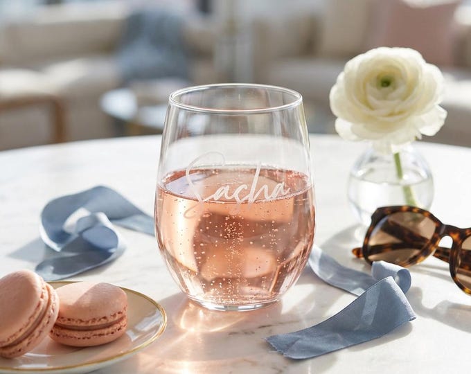 Personalized Stemless Wine Glass, Custom Laser Etched Name Glassware, Bridesmaid Gift
