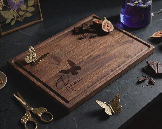 Personalized Butterfly Walnut Cutting Board, Custom Engraved Wood Charcuterie Tray for Her