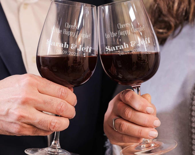 Custom Set of 2 Wine Glasses, Personalized Wine Glasses, Etched Glasses: Cheers, Wedding, Engagement, Anniversary, Housewarming, Couple Gift